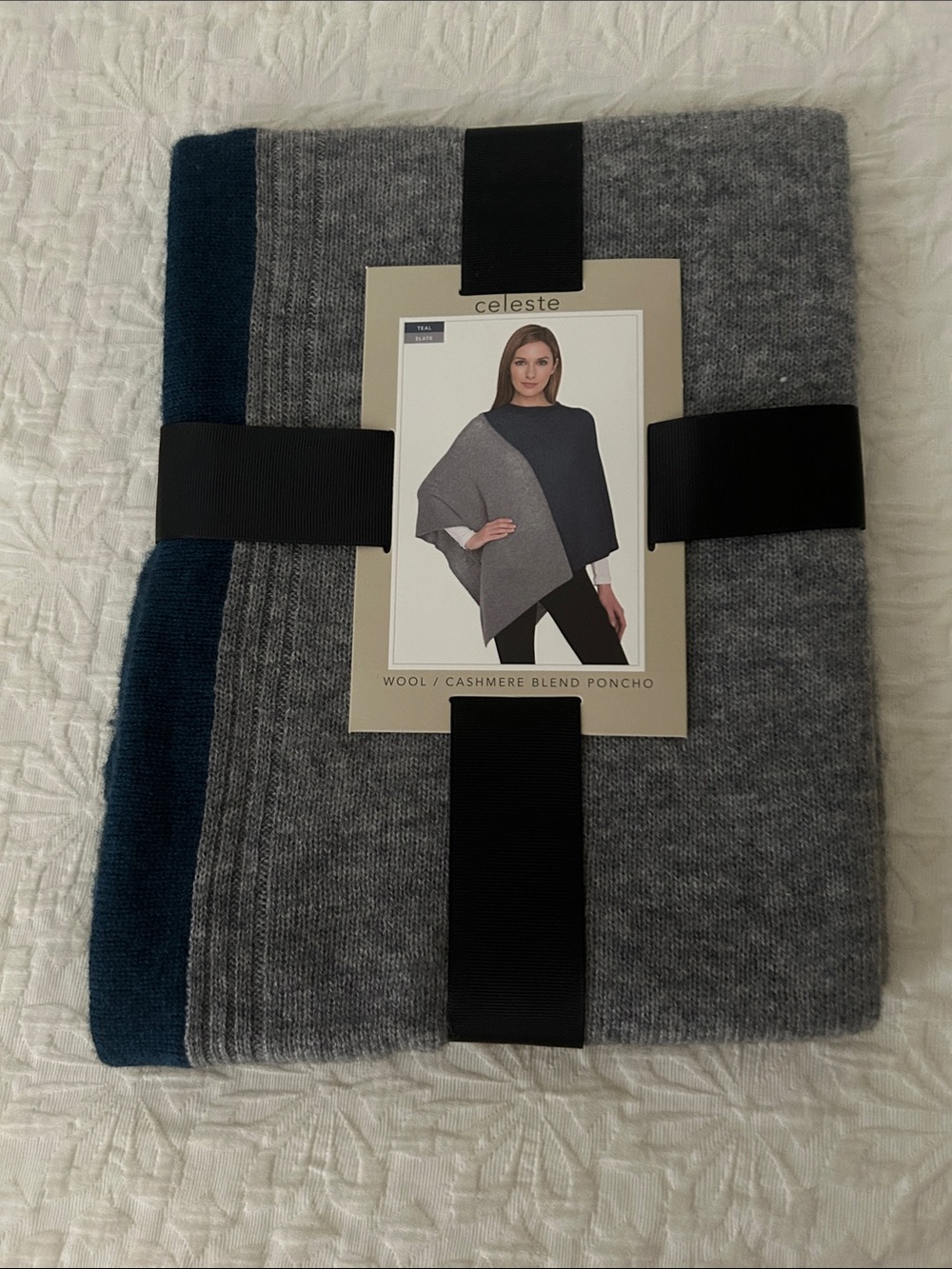 Celeste Gray Poncho with Navy Trim